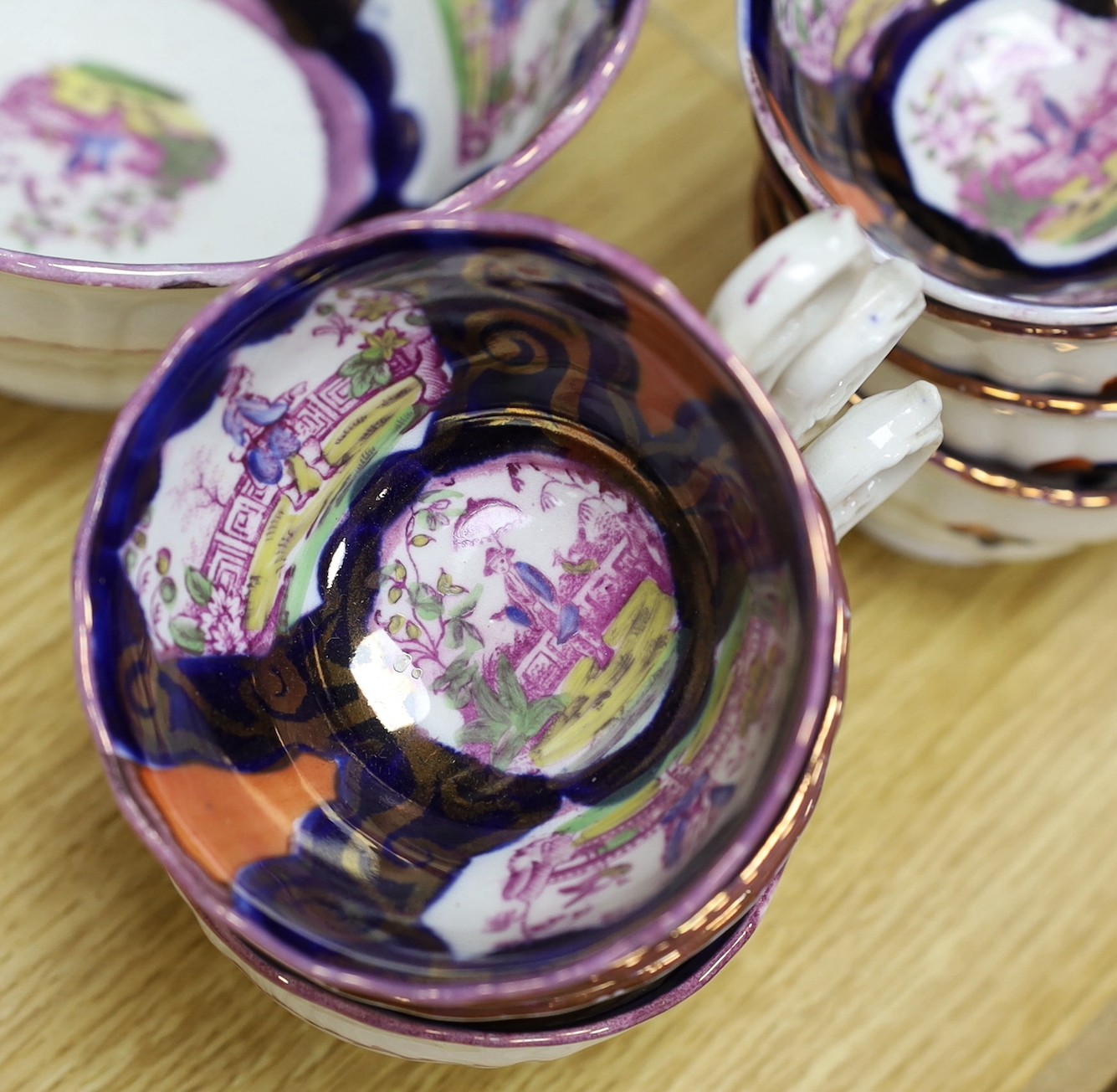 A quantity of Gaudy Welsh lustre tea wares with chinoiserie motifs